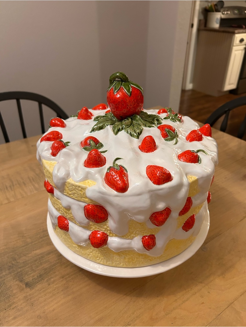 Vintage Strawberry Shortcake Hand painted Ceramic Cake Stand- White, Red, Green